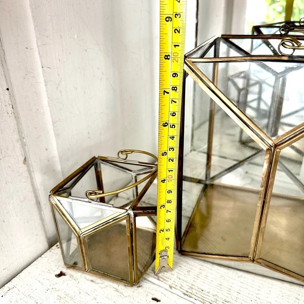 Brass & Glass Terrarium Candleholder Pair Lanterns Geometric Bohemian Decor